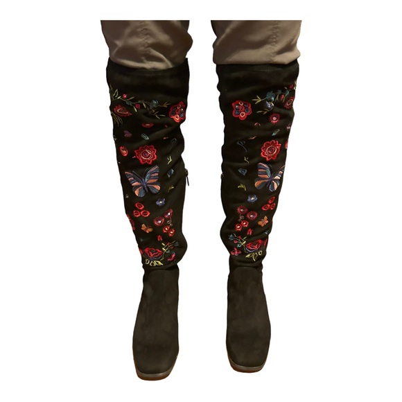 IMPO Judy Over the Knee High Suede Boots Sz 8M Black Embroidered Boho Fa… - Picture 2 of 16